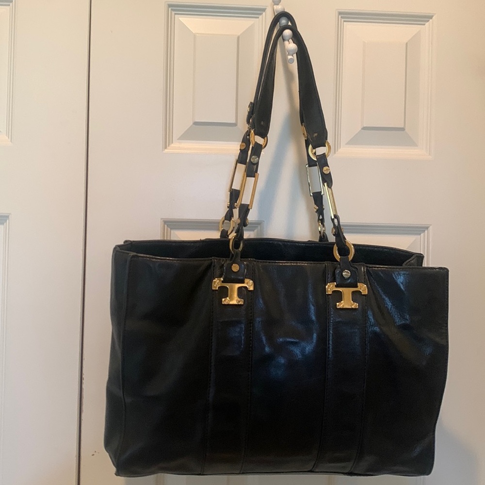 Tory Burch Black Nico East West Leather Tote with Gold Hardware